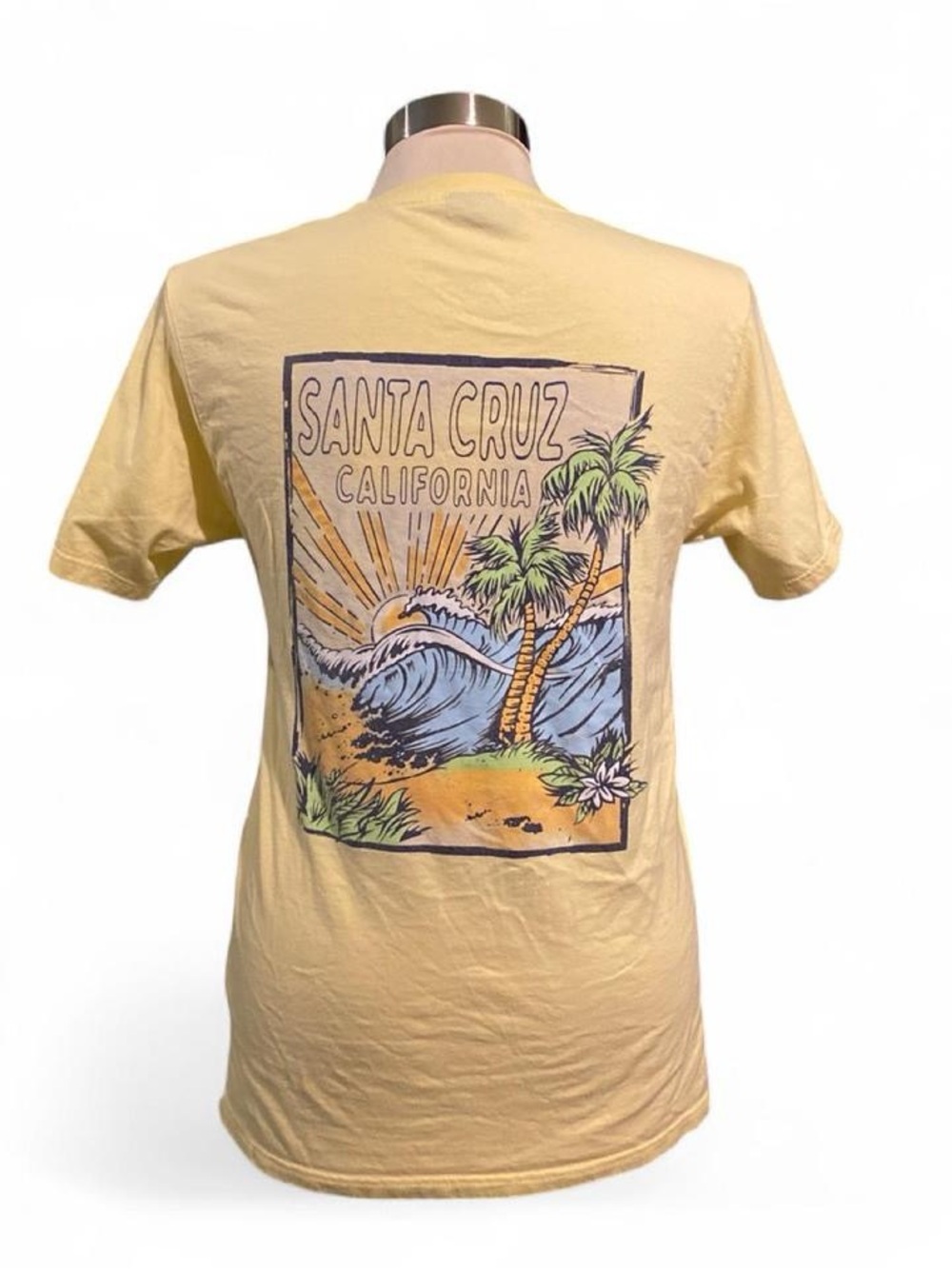 Santa Cruz California Wave and Sun Graphic Sleeve Tee - Yellow